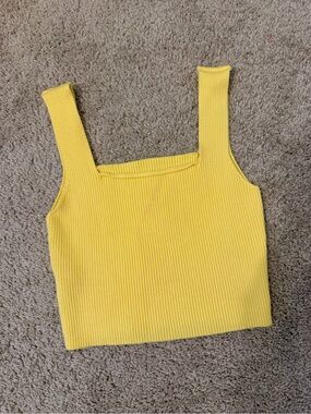 Yellow Ribbed Square-Neck Crop Tank Top, Medium (canary yellow)!